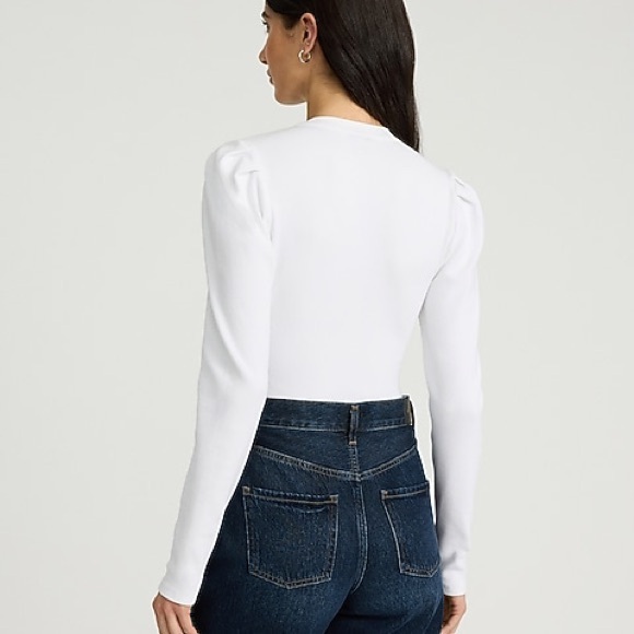 NWT Express Ribbed Puff Sleeve Button Front Henley Thong Bodysuit White Size L - Picture 2 of 8